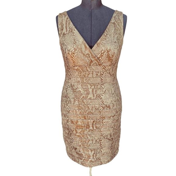 EXPRESS Sleeveless BodyCon Dress Snakeskin Print Large Dark Taupe V-Neck Stretch - Picture 1 of 16